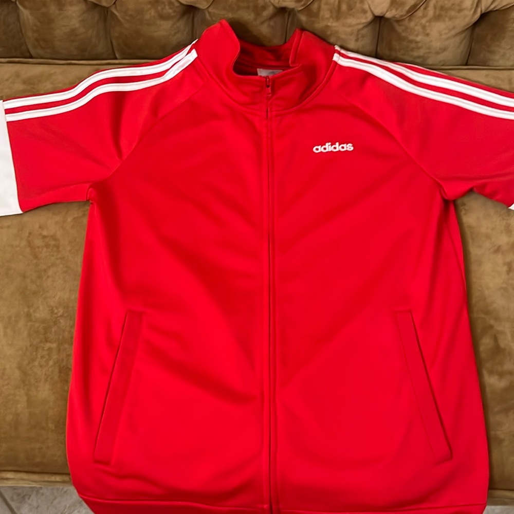 Adidas Red and White Track Jacket with Classic Stripes